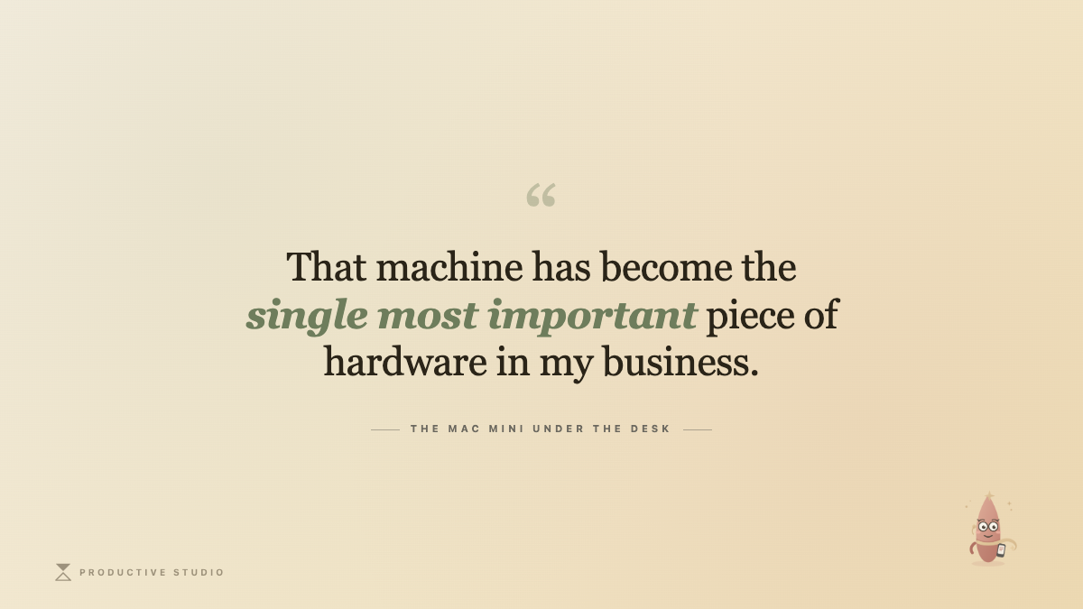 Editorial pull quote: That machine has become the single most important piece of hardware in my business. — The Mac Mini Under the Desk